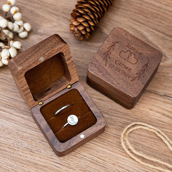 Caja de anillo de madera personalizada, caja de portador de anillo de madera grabada para el día de la boda, caja de anillo doble, caja de anillo de nogal, caja de portador de anillo de madera, caja de anillo de propuesta