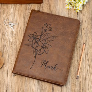 Personalized Birth Flower Refillable Portfolio, Custom Leather Portfolio with Zipper, Padfolio with Name, Appreciation Gift, Birthday Gift