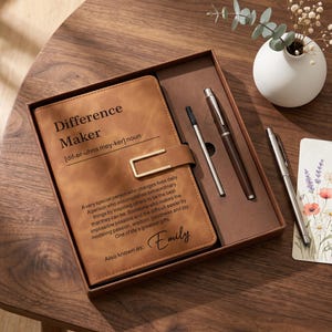 Difference Maker Custom Engraved Journal and Pen Set, Vegan Leather Lined Notebook, Mentor Leader Appreciation Thank You Gift, Coworker Gift