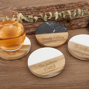 Cadeaux de Noël pour maman, sous-verres gravés de qualité supérieure en bois de marbre personnalisé, cadeau de pendaison de crémaillère, ensemble de sous-verres personnalisés, cadeaux de mariage, anniversaire image 2