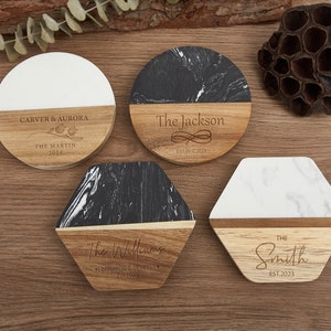 Cadeaux de Noël pour maman, sous-verres gravés de qualité supérieure en bois de marbre personnalisé, cadeau de pendaison de crémaillère, ensemble de sous-verres personnalisés, cadeaux de mariage, anniversaire image 1