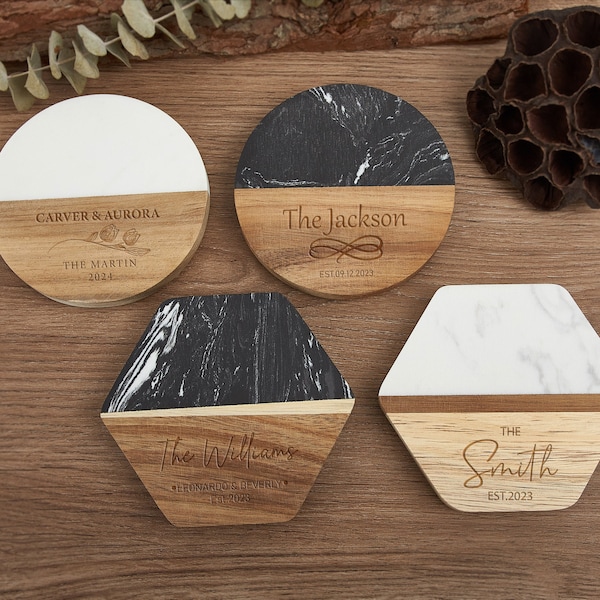 Christmas Gifts for Mum,Custom Marble Wood Premium Engraved Coasters,House Warming Gift,Personalized Coaster Set ，Wedding Gifts,Anniversary