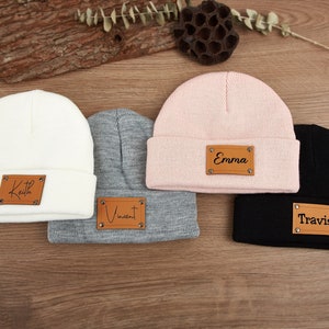 Newborn baby Beanies,Leather Patch Beanies for Baby Personalized,Beanies for Babies,Infant Beanie with Name,Christmas gifts,Baby Shower Gift image 2