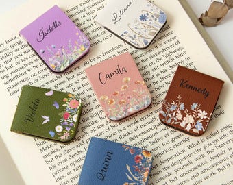 Personalized Leather Magnetic Bookmark, Floral Bookmarks with Name, Page Marker, Bookworm Gift, Book Accessory, Gift for Booklovers Teachers