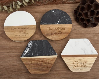 Weihnachtsgeschenke für Mama, benutzerdefinierte Marmor Holz Premium Untersetzer mit Gravur, Einweihungsgeschenk, personalisierte Untersetzer-Set, Hochzeitsgeschenke, Jubiläum