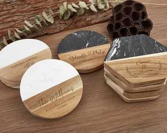 Personalized Coaster Set, Custom Engraved Marble Wood Coasters, Housewarming Gifts, Wedding Gift,Christmas Gifts for her,Bridal Shower Gifts