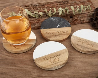 Posavasos de madera personalizados, posavasos personalizados con nombre, posavasos de mármol, regalo de inauguración de la casa, regalo del Día de la Madre, posavasos de ceremonia, regalo personalizado