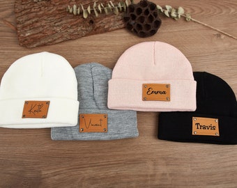 Berretto da bambino personalizzato, Cappello da bambino Bambini Bambino da bambino, Regalo per neonato, Cappello con nome, Berretto con toppa in pelle incisa, Regali di Natale personalizzati