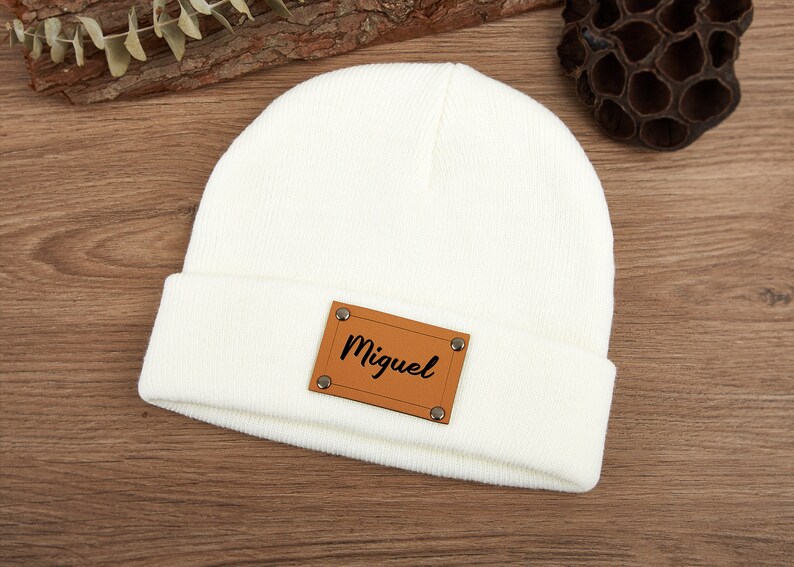 Custom Baby Beanie, Toddler Hat Kids Youth Child Infant, Newborn Gift ,Name Hat,Engraved Leather Patch Beanie, Personalized Christmas Gifts image 3