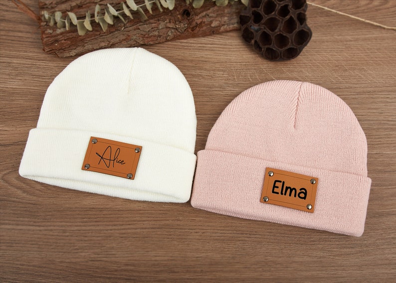 Newborn baby Beanies,Leather Patch Beanies for Baby Personalized,Beanies for Babies,Infant Beanie with Name,Christmas gifts,Baby Shower Gift image 4