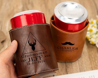 Groomsmen Leather Can Cooler Holder,Personalized Name Customized Beer Can Covers,Engraved Can Cooler,Best Man Gift,Father's Day Gift,For Him