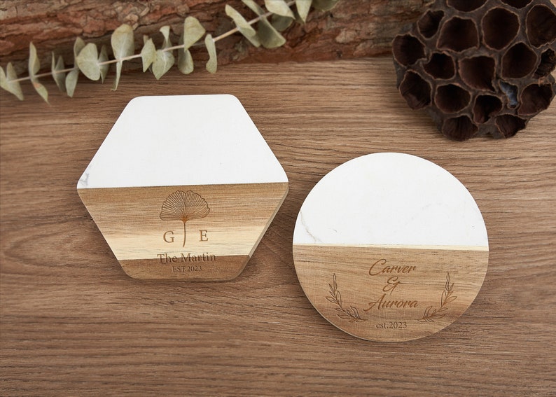 Christmas Gifts for Mum,Custom Marble Wood Premium Engraved Coasters,House Warming Gift,Personalized Coaster Set Wedding Gifts,Anniversary image 4