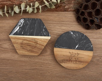 Sous-verres en bois sculptés personnalisés, sous-verres marbrés, sous-verres personnalisés, cadeau de pendaison de crémaillère, décoration de table, cadeau de la Saint-Valentin, pour lui