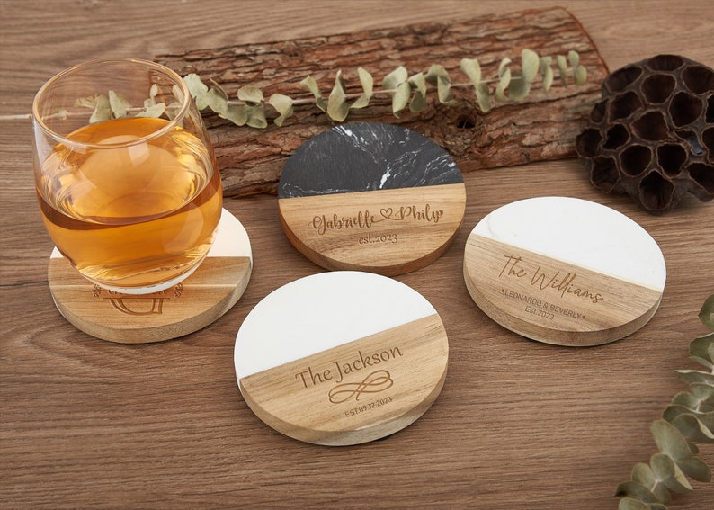 Cadeaux de Noël pour maman, sous-verres gravés de qualité supérieure en bois de marbre personnalisé, cadeau de pendaison de crémaillère, ensemble de sous-verres personnalisés, cadeaux de mariage, anniversaire image 2