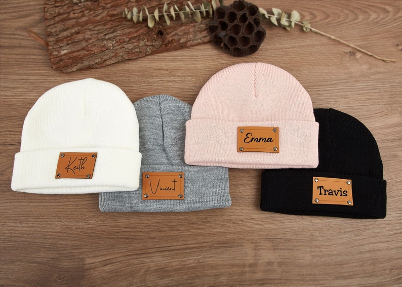 Custom Baby Beanie, Toddler Hat Kids Youth Child Infant, Newborn Gift ,Name Hat,Engraved Leather Patch Beanie, Personalized Christmas Gifts image 1