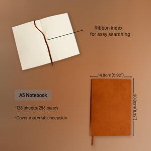 May include: An A5 notebook with a brown cover and ribbon index for easy searching. The notebook has 128 sheets/256 pages and is made of sheepskin. Dimensions are 5.92 inches wide and 8.32 inches tall.