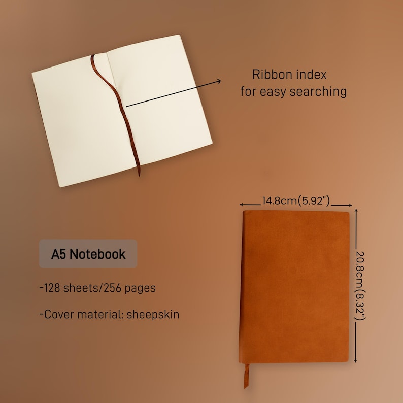 May include: An A5 notebook with a brown cover and ribbon index for easy searching. The notebook has 128 sheets/256 pages and is made of sheepskin. Dimensions are 5.92 inches wide and 8.32 inches tall.