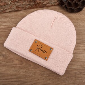 Newborn baby Beanies,Leather Patch Beanies for Baby Personalized,Beanies for Babies,Infant Beanie with Name,Christmas gifts,Baby Shower Gift image 9