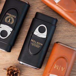 Gepersonaliseerde gegraveerde leren sigarenhoes, leren sigarenhouder en snijder, sigarenhumidor voor reizen, bruidsjonkers cadeau, cadeau vader, cadeau voor hem