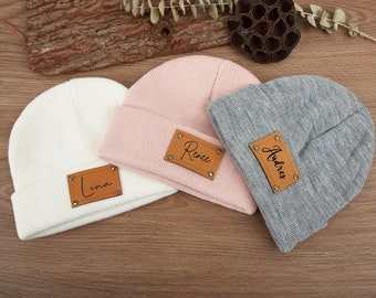 Newborn baby Beanies,Leather Patch Beanies for Baby Personalized,Beanies for Babies,Infant Beanie with Name,Christmas gifts,Baby Shower Gift