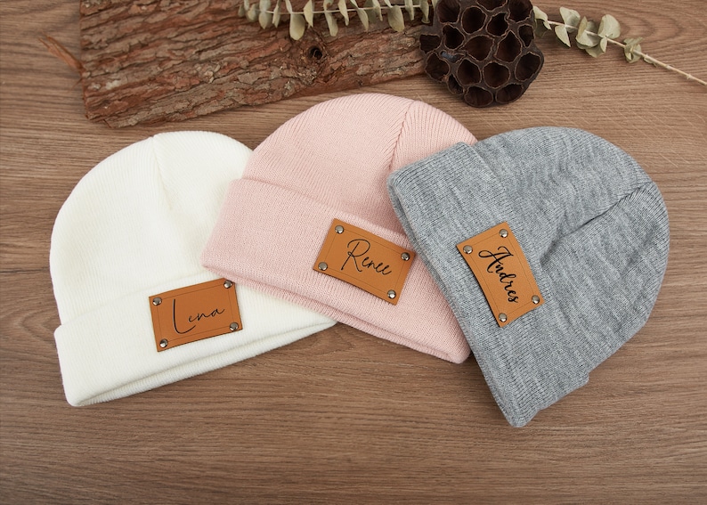 Custom Baby Beanie, Toddler Hat Kids Youth Child Infant, Newborn Gift ,Name Hat,Engraved Leather Patch Beanie, Personalized Christmas Gifts image 9