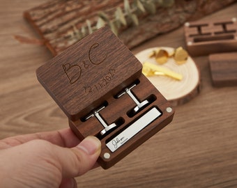 Wedding Cufflinks Tie Clip Set,Personalised Engraved Walnut Box,Groom&#39;s Gift,Customised Wedding Gift,Gifts for Husbands,Anniversary Gifts