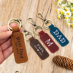 Personalized Dad Keychain, New Dad Gift, Engraved Dad Keychain, Fathers Day Leather Keychain, Father&#39;s Day Gift for Dad, First Fathers Day