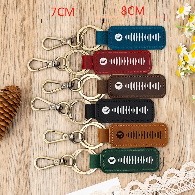 Pode incluir: Seis chaveiros de couro com um chaveiro de metal dourado e um fecho de metal. Cada chaveiro &eacute; de uma cor diferente: azul, vermelho, castanho, preto, bege e verde. Cada chaveiro tem um logotipo Spotify branco e um c&oacute;digo de barras impresso no couro. Os chaveiros medem 7 cm por 8 cm.