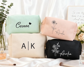 Bolsa de maquillaje de cuero personalizada, bolsa de cosméticos con monograma, regalos para damas de honor, regalos para despedidas de soltera, bolsas de viaje, neceser para el mes de nacimiento