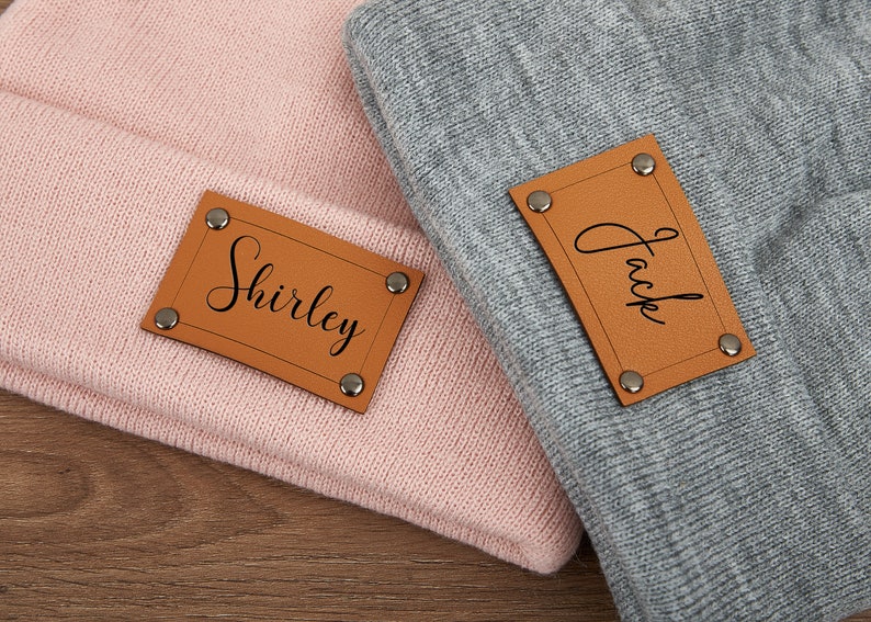 Newborn baby Beanies,Leather Patch Beanies for Baby Personalized,Beanies for Babies,Infant Beanie with Name,Christmas gifts,Baby Shower Gift image 3
