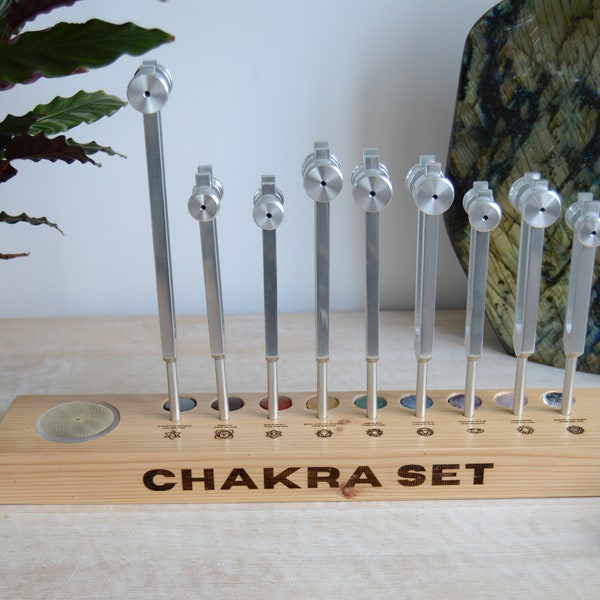 Soporte de diapasón para juego de chakras con cristales y placa de carga de selenita