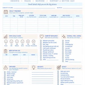 May include: A Parent Care Daily Pain & Comfort Tracker printable form with sections for daily tracking, a pain scale guide, medication log, comfort measures, overall well-being, triggers, insights, and goals, printed in blue text on a white background.