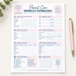 May include: A white Parent Care Important Information form with blue text and light pink accents. The document includes sections for personal details, emergency contacts, medical providers, pharmacy info, insurance, accounts, and document storage.