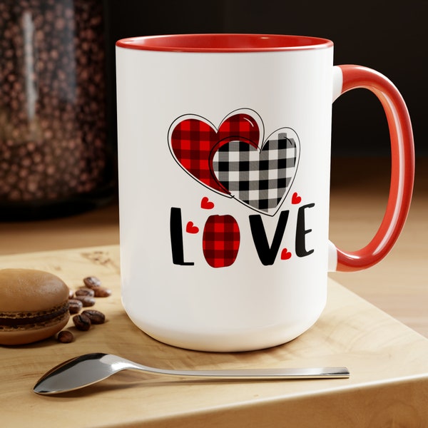 Mug O' Love: Red and Black Check Hearts Coffee Mug | 100% Ceramic | Big 15oz Size | Love Language is Coffee