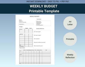Printable Weekly Budget Planner Template  with weekly reflection