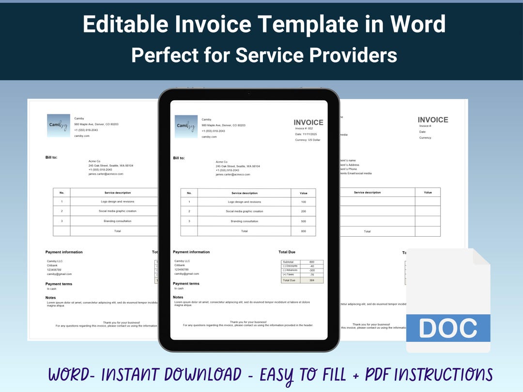 Freelancer Invoice Template: Editable Word, Printable & PDF - Etsy