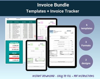 Invoice Template Bundle Editable Business and Freelance Invoices with Tracker Excel Word and PowerPoint Templates for Small Business