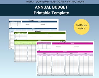 Printable Annual Budget Template Zero Based Budget Planner PDF Yearly Budget Worksheet for Personal Finance and Money Management