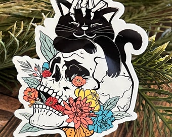 Cat and Skull Sticker; Gift; Cute Sticker; Halloween Sticker; Spooky Sticker