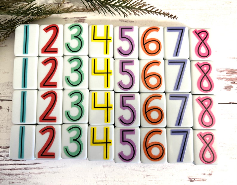 May include: A set of 36 white tiles with black numbers 1 through 8. Each number is repeated four times. The tiles are arranged in four rows of nine tiles.