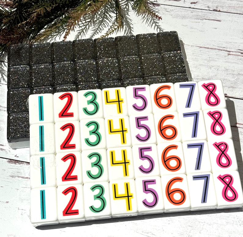 May include: A set of 36 white tiles with colorful numbers 1 through 8. The tiles are arranged in a grid of 6 rows and 6 columns. The numbers are in a bold, black font.