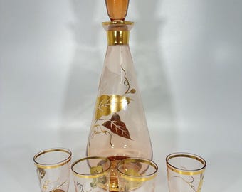 VTG Amber Crystal Decanter Set Gold Gilt Floral 4 Shot Glasses Bohemian MCM