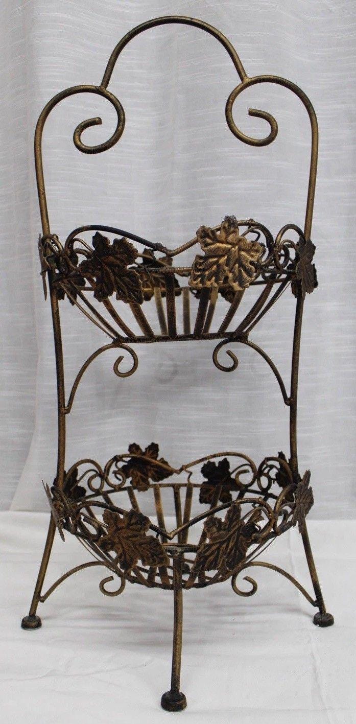 Vtg 27 Wrought Iron 2 Tier Leaf Scroll Stand Fruit Basket Plant Holder ...