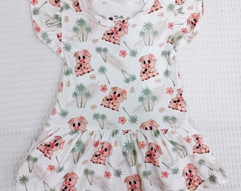 Pig BABY Bamboo Dress Daywear Outfit Piggy Vacation Beach Bodysuit Twirl Dress Palm Trees Summer Toddler