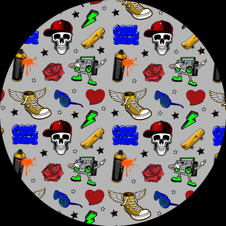 May include: A circular pattern featuring a repeating design of skulls wearing red caps, winged sneakers, skateboards, boomboxes, roses, lightning bolts, hearts, and the text "COOL DUDE" on a gray background. The design has a street art or graffiti theme.