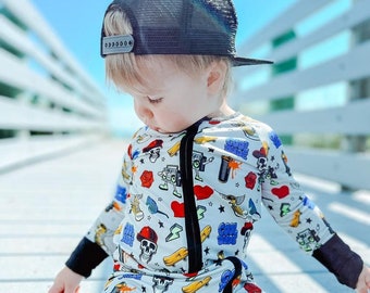 Bamboo Baby Footie Pajama: Retro Skateboard Graffiti Romper