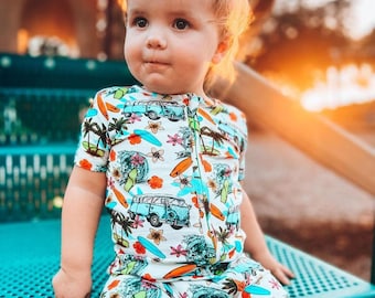 Summer Baby Bamboo Romper Outfit Daywear Pajama Waves Beach Surf Van Bamboo Shortie