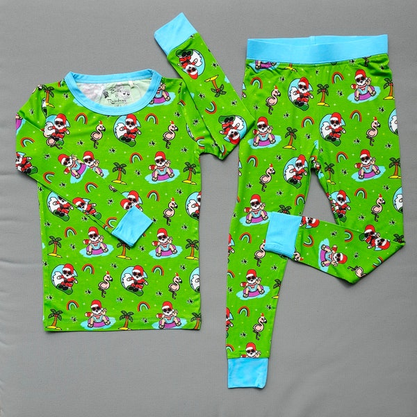 Rainbow Santa Christmas Pajamas Tis The Sea-Sun Bamboo 2 Piece Set Long Sleeve Shirt and Pants