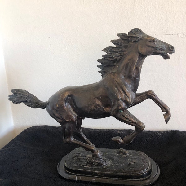 Rearing, Galloping Mustang on Marble Base Statue