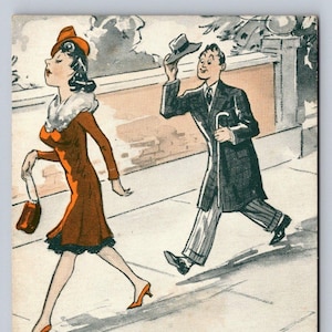 Vintage 1941 Penny Arcade Picture Postcard Humor z czasów II wojny światowej Dżentelmen goni kobietę
